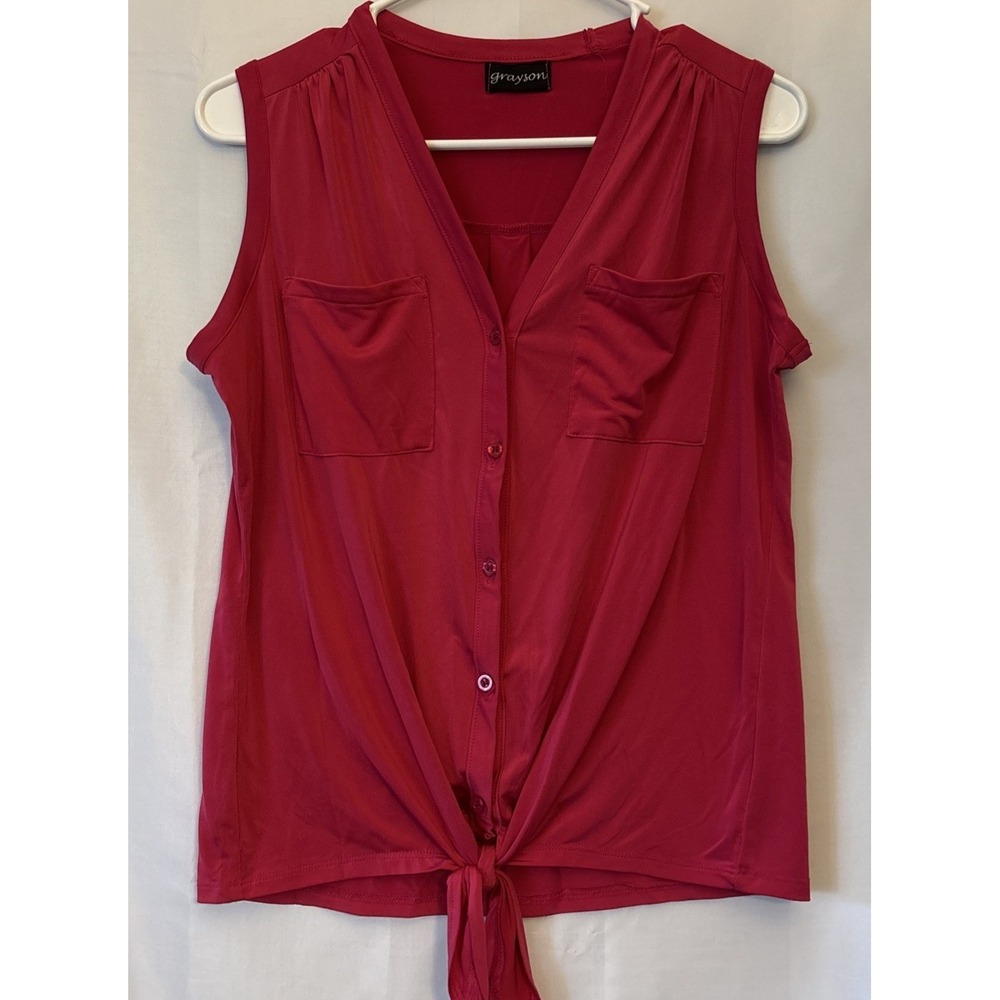 Grayson Women's Fuchsia Solid V-Neck Sleeveless Button Front Tie Hem Blouse M‎